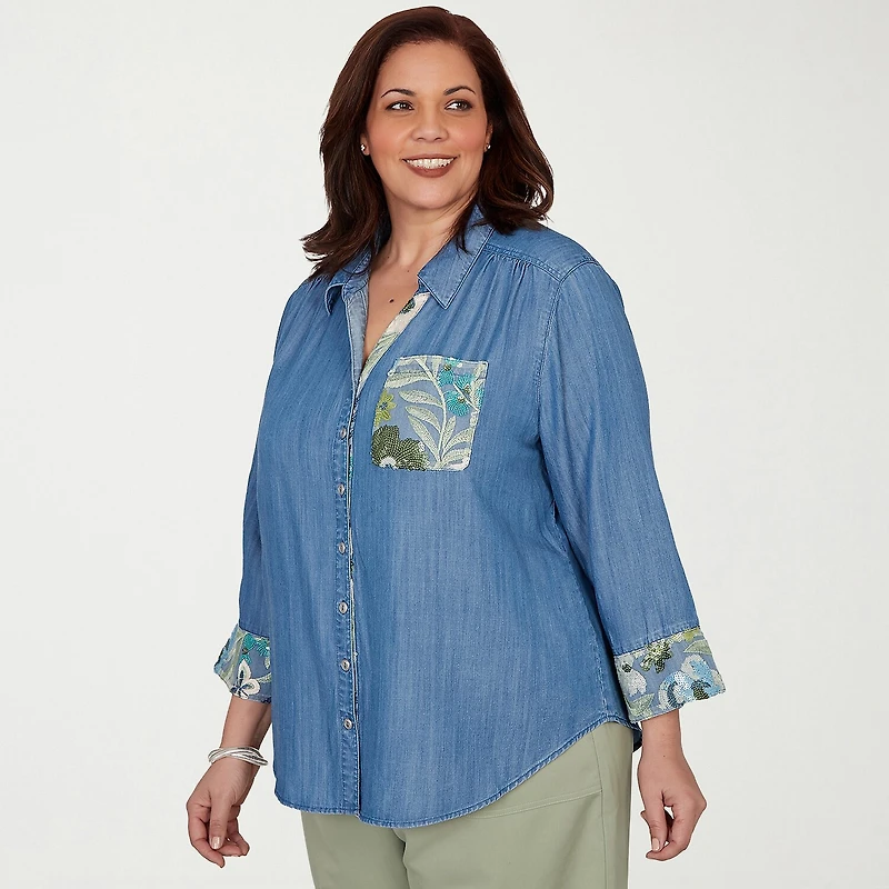 Alfred Dunner Inidigo Girls Womens Plus Ruffled 3/4 Sleeve Regular Fit Button-Down Shirt