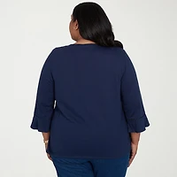 Alfred Dunner Inidigo Girls Womens Plus Keyhole Neck 3/4 Sleeve T-Shirt