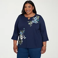 Alfred Dunner Inidigo Girls Womens Plus Keyhole Neck 3/4 Sleeve T-Shirt