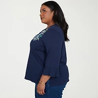 Alfred Dunner Inidigo Girls Womens Plus Keyhole Neck 3/4 Sleeve T-Shirt