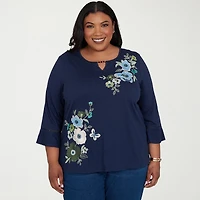 Alfred Dunner Inidigo Girls Womens Plus Keyhole Neck 3/4 Sleeve T-Shirt