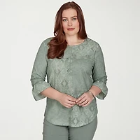 Alfred Dunner Provence Womens Crew Neck 3/4 Sleeve T-Shirt