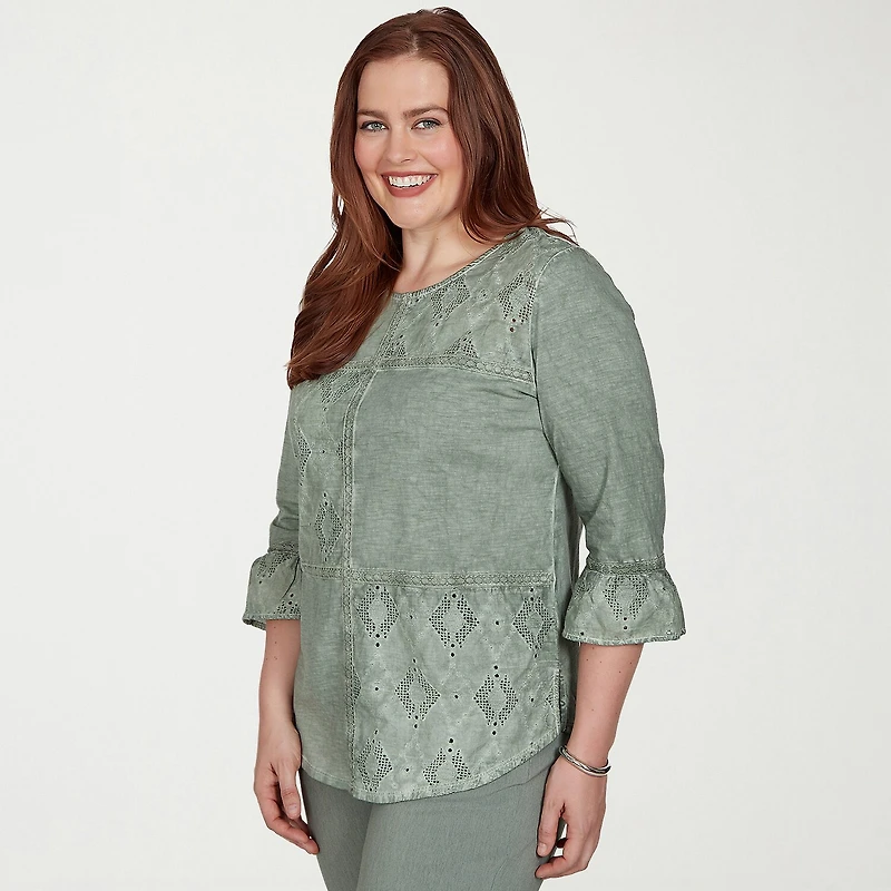 Alfred Dunner Provence Womens Crew Neck 3/4 Sleeve T-Shirt