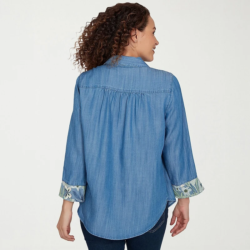 Alfred Dunner Indigo Girls Womens Ruffled 3/4 Sleeve Regular Fit Button-Down Shirt