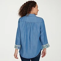 Alfred Dunner Indigo Girls Womens Ruffled 3/4 Sleeve Regular Fit Button-Down Shirt