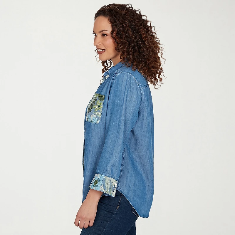 Alfred Dunner Indigo Girls Womens Ruffled 3/4 Sleeve Regular Fit Button-Down Shirt