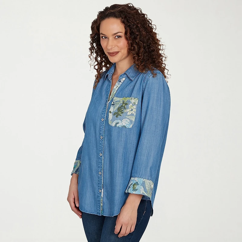 Alfred Dunner Indigo Girls Womens Ruffled 3/4 Sleeve Regular Fit Button-Down Shirt