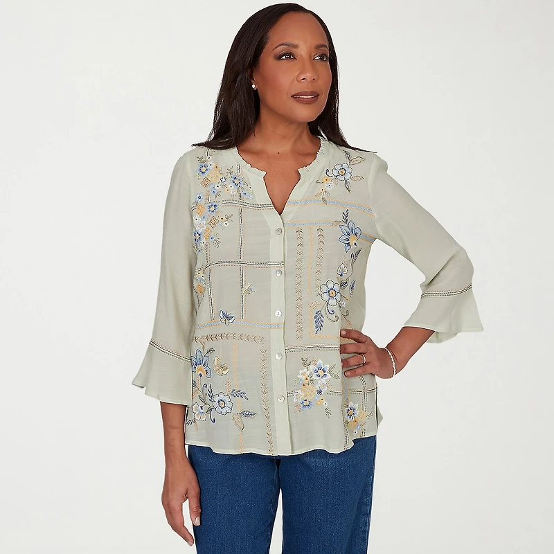 Alfred Dunner Indigo Girls Womens Split Crew Neck 3/4 Sleeve Blouse