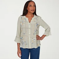 Alfred Dunner Indigo Girls Womens Split Crew Neck 3/4 Sleeve Blouse