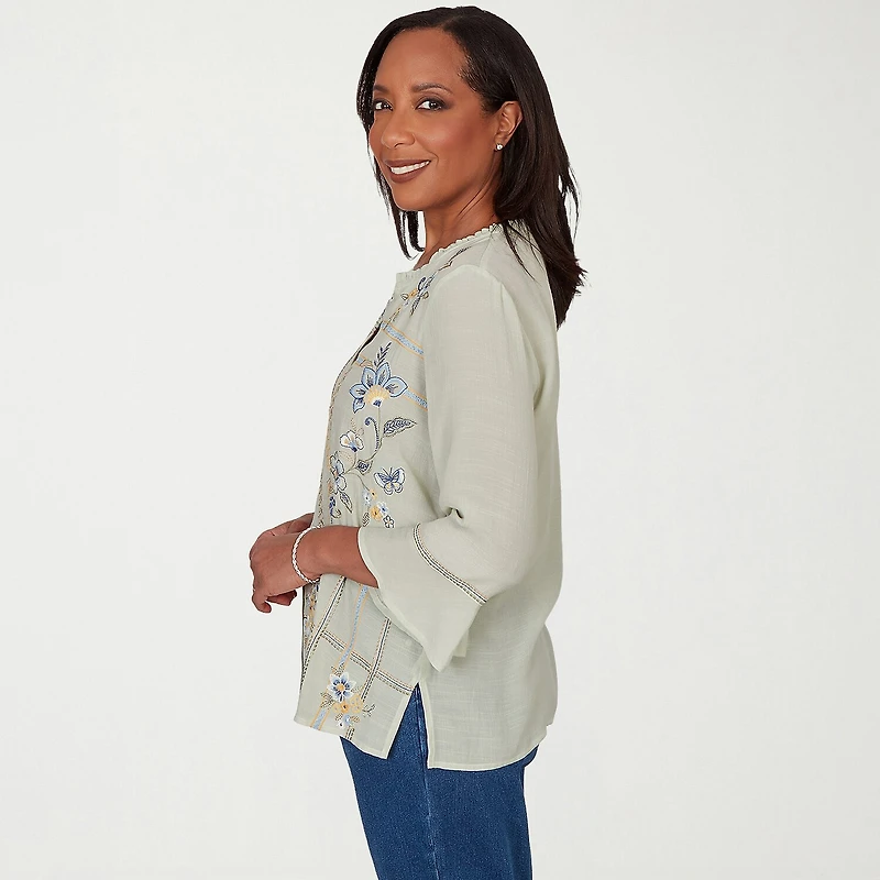 Alfred Dunner Indigo Girls Womens Split Crew Neck 3/4 Sleeve Blouse