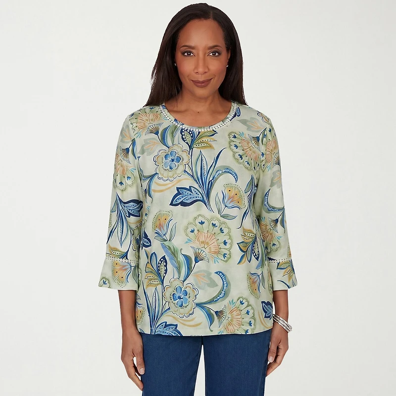 Alfred Dunner Indigo Girls Womens Crew Neck 3/4 Sleeve T-Shirt
