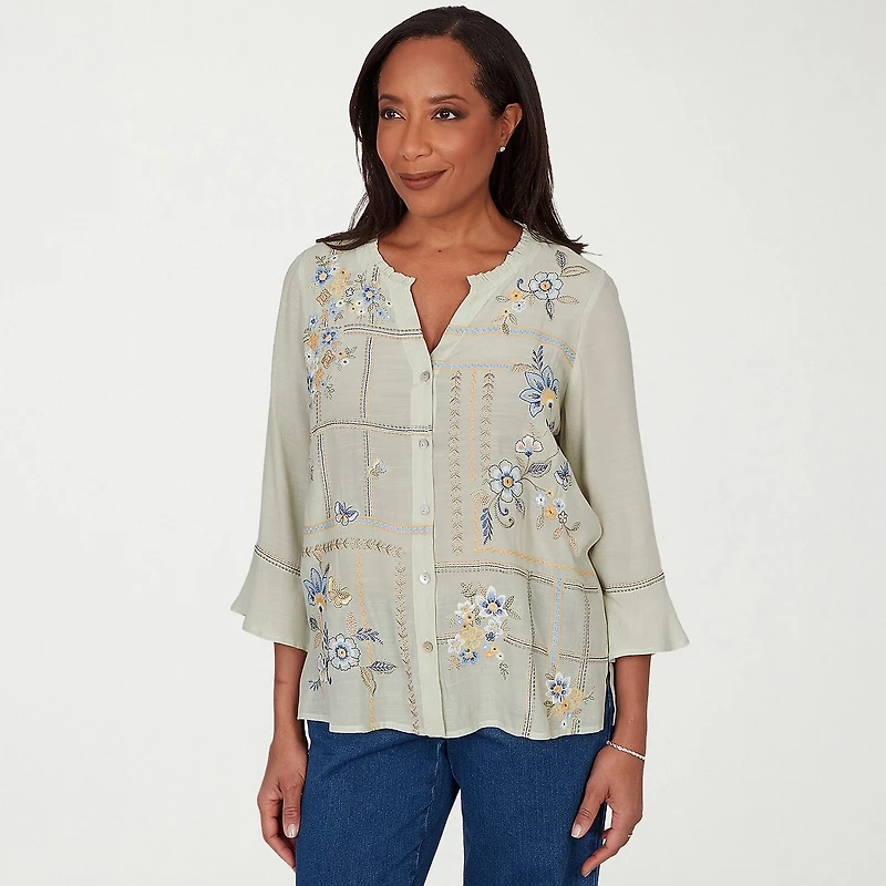 Alfred Dunner Indigo Girls Womens Split Crew Neck 3/4 Sleeve Blouse