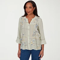 Alfred Dunner Indigo Girls Womens Split Crew Neck 3/4 Sleeve Blouse
