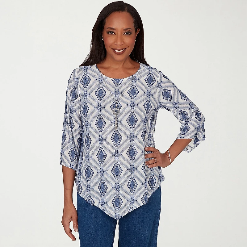 Alfred Dunner Indigo Girls Womens Crew Neck 3/4 Sleeve T-Shirt