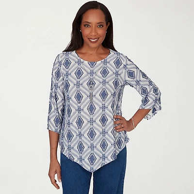 Alfred Dunner Indigo Girls Womens Crew Neck 3/4 Sleeve T-Shirt