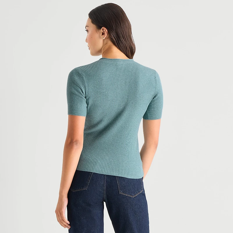 a.n.a Womens Henley Neck Short Sleeve Striped Pullover Sweater