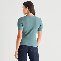 a.n.a Womens Henley Neck Short Sleeve Striped Pullover Sweater