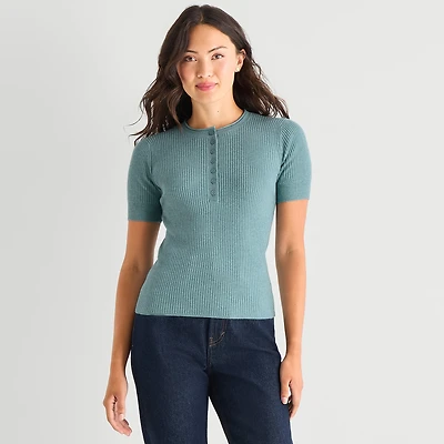 a.n.a Womens Henley Neck Short Sleeve Striped Pullover Sweater