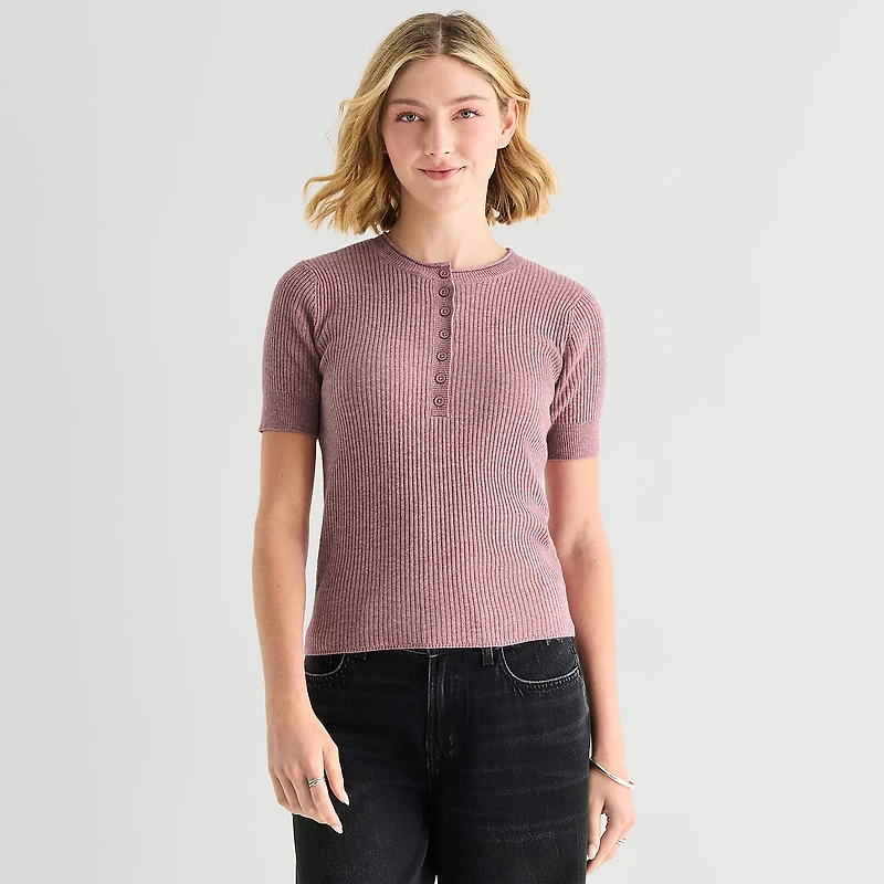 A.N.A Womens Henley Neck Short Sleeve Striped Pullover Sweater