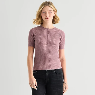 A.N.A Womens Henley Neck Short Sleeve Striped Pullover Sweater