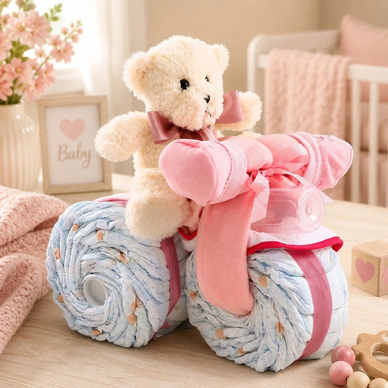 Alder Creek Pink Tricycle Diaper Cake Food Set