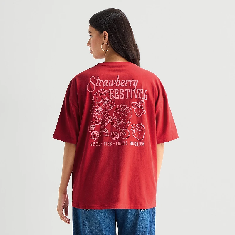 Strawberry Oversized Tee Womens Juniors Crew Neck Short Sleeve Shortcake Graphic T-Shirt