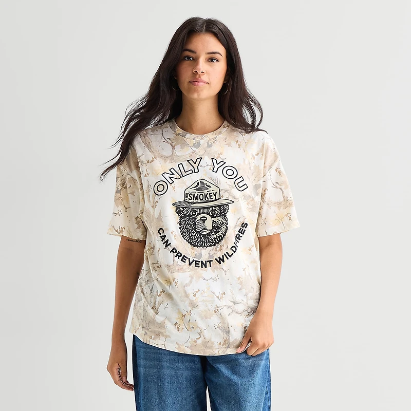 Camo Smokey Bear Womens Juniors Crew Neck Short Sleeve Oversized Graphic T-Shirt