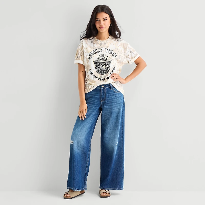 Camo Smokey Bear Womens Juniors Crew Neck Short Sleeve Oversized Graphic T-Shirt