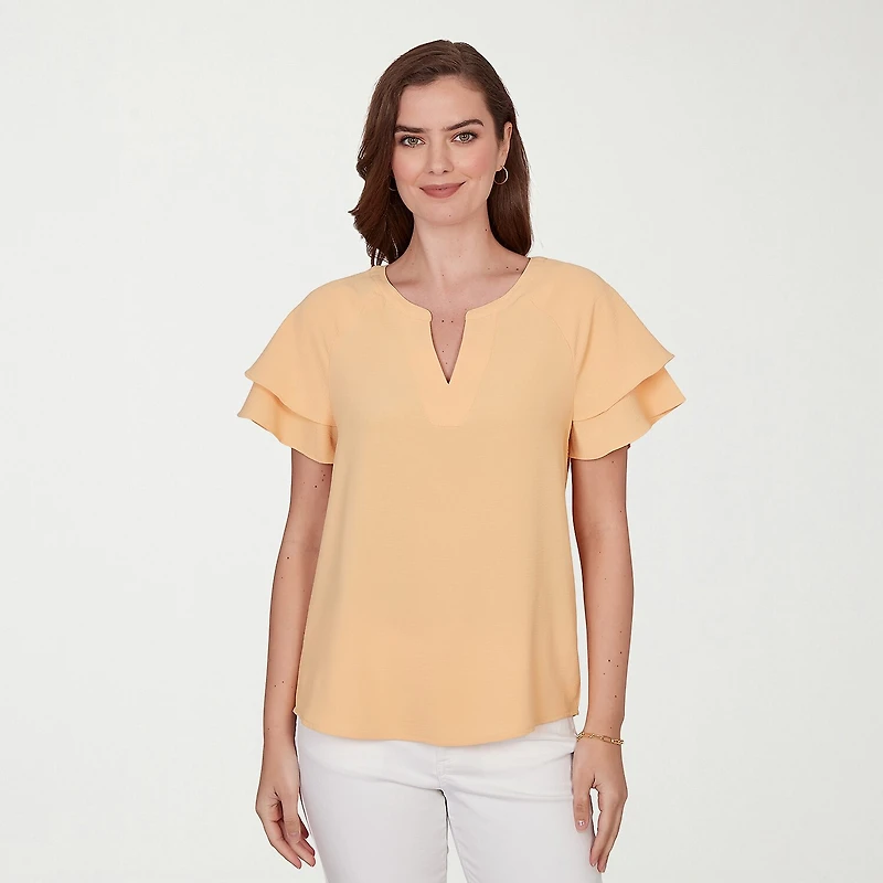 Hearts Of Palm Womens Split Crew Neck Short Sleeve Ruffled Blouse
