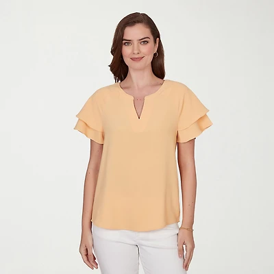 Hearts Of Palm Womens Split Crew Neck Short Sleeve Ruffled Blouse