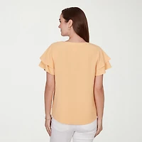 Hearts Of Palm Womens Split Crew Neck Short Sleeve Ruffled Blouse