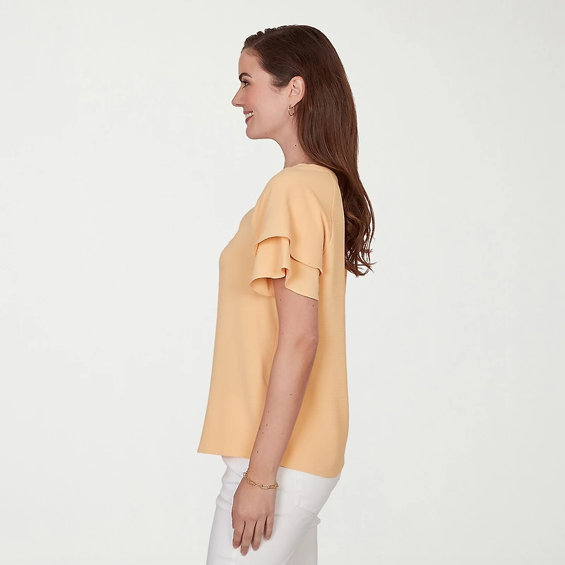 Hearts Of Palm Womens Split Crew Neck Short Sleeve Ruffled Blouse