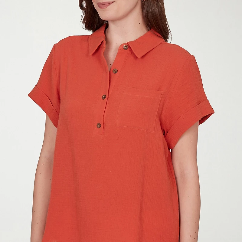 Hearts Of Palm Womens Henley Neck Short Sleeve Blouse