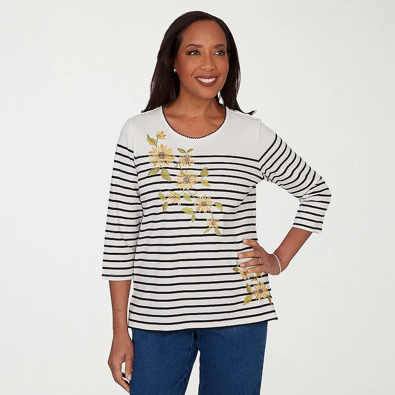 Alfred Dunner Womens Crew Neck 3/4 Sleeve T-Shirt
