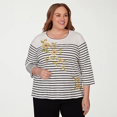 Alfred Dunner Classics Womens Plus Crew Neck 3/4 Sleeve T-Shirt