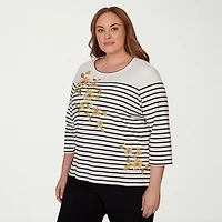 Alfred Dunner Classics Womens Plus Crew Neck 3/4 Sleeve T-Shirt