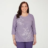 Alfred Dunner Grand Bazaar Womens Plus Crew Neck 3/4 Sleeve T-Shirt