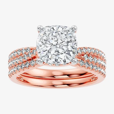 (F-G/ Vs2-Si1) Womens 3 1/2 CT. T.W Lab Grown White Diamond 10K Gold Cushion Side Stone Bridal Set