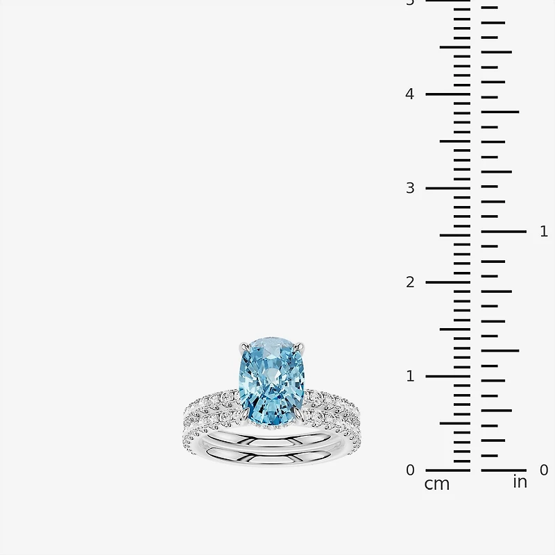 (Vs2 / F) Womens 7/8 CT. T.W. Lab Grown Blue Topaz 14K Gold Cushion Side Stone Bridal Set