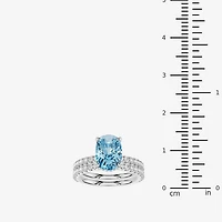 (Vs2 / F) Womens 7/8 CT. T.W. Lab Grown Blue Topaz 14K Gold Cushion Side Stone Bridal Set