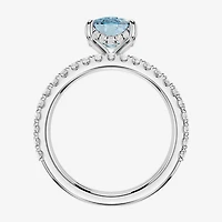 (Vs2 / F) Womens 7/8 CT. T.W. Lab Grown Blue Topaz 14K Gold Cushion Side Stone Bridal Set