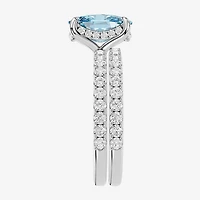 (Vs2 / F) Womens 7/8 CT. T.W. Lab Grown Blue Topaz 14K Gold Cushion Side Stone Bridal Set