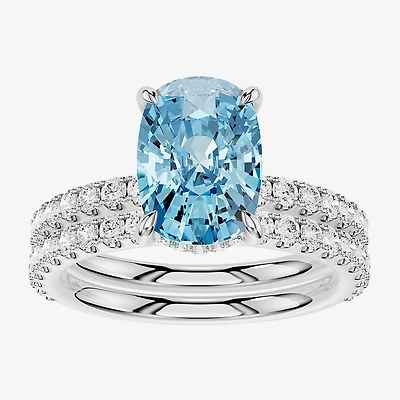 (Vs2 / F) Womens 7/8 CT. T.W. Lab Grown Blue Topaz 14K Gold Cushion Side Stone Bridal Set