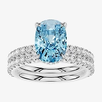 (Vs2 / F) Womens 7/8 CT. T.W. Lab Grown Blue Topaz 14K Gold Cushion Side Stone Bridal Set
