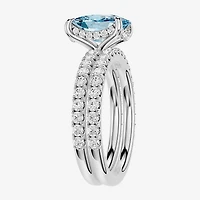 (Vs2 / F) Womens 7/8 CT. T.W. Lab Grown Blue Topaz 14K Gold Cushion Side Stone Bridal Set