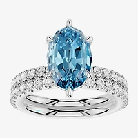 (Vs2 / F) Womens 7/8 CT. T.W. Lab Grown Blue Topaz 14K Gold Oval Side Stone Bridal Set