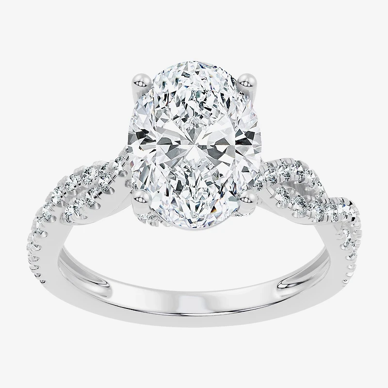 (F / Vs2-Si1) Womens 3 1/2 CT. T.W Lab Grown White Diamond 10K Gold Oval Side Stone Engagement Ring