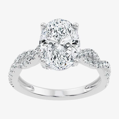 (F / Vs2-Si1) Womens 3 1/2 CT. T.W Lab Grown White Diamond 10K Gold Oval Side Stone Engagement Ring
