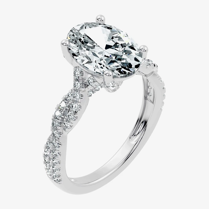(F / Vs2-Si1) Womens 3 1/2 CT. T.W Lab Grown White Diamond 10K Gold Oval Side Stone Engagement Ring