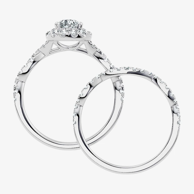 (F / Vs2-Si1) Womens 1 CT. T.W. Lab Grown White Diamond Sterling Silver Pear Side Stone Halo Bridal Set